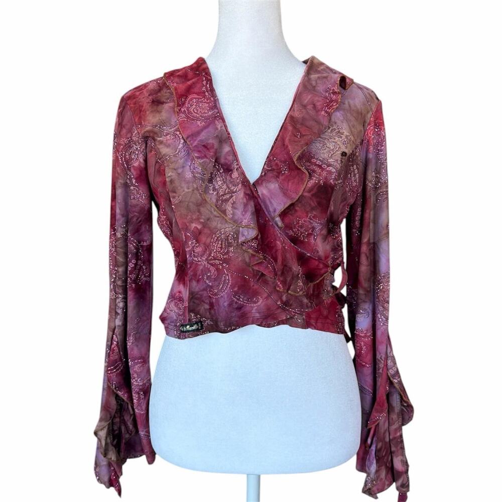 Des Files à la Vanille Paris pink & burgundy paisley print wrap blouse